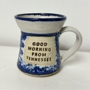 Good Morning from Tennessee" mug handmade stoneware with blue speckled‎ design.